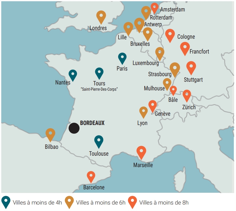 Mapa de las conexiones ferroviarias desde Burdeos