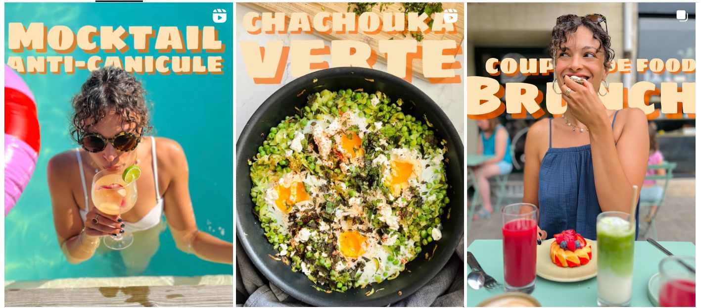 Collage de tres imagenes mostrando recetas de verano: un mocktail anti-canícula junto a una piscina, un plato de arroz verde con verduras y huevos en una sarten, y una mujer disfrutando de un brunch con postres y bebidas coloridas.