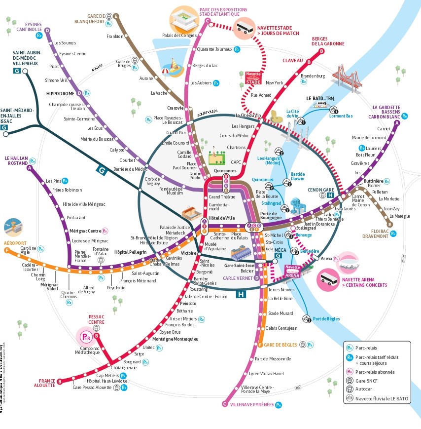 Mapa del sistema de transporte público de Burdeos que muestra las líneas de tranvía (en color púrpura, rosa y naranja), estaciones, paradas, conexiones de autobús y puntos de interés turístico en la ciudad.