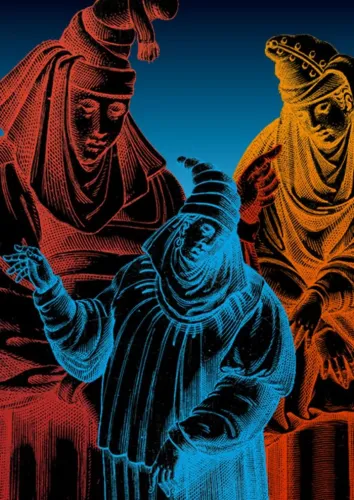 Ilustración colorida que muestra tres figuras con ropas históricas contra un cielo azul: una mujer en rojo a la izquierda, una mujer en amarillo a la derecha, y una figura en azul en el centro con un gesto expresivo, evocando el tema de las brujas.