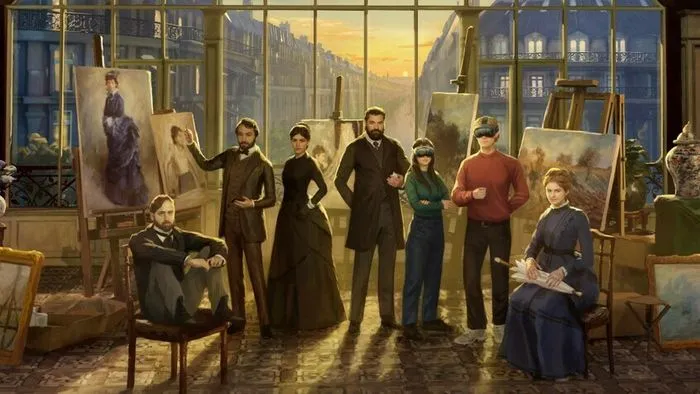 Escena de taller impresionista en Burdeos con un grupo de personajes de época discutiendo junto a lienzos y caballetes bañados en luz dorada, con vistas de la ciudad.