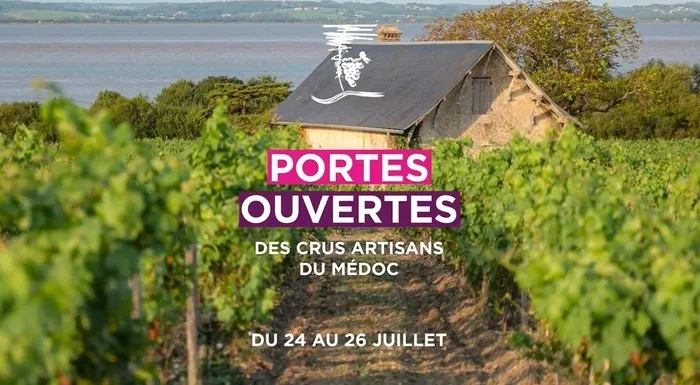 Cartel promocional de las puertas abiertas de los vinos artesanales del Médoc en Burdeos del 24 al 26 de julio, mostrando un viñedo con edificio de bodega y vista del estuario.