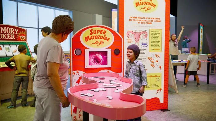 Niños y adultos interactúan con una instalación interactiva rosa y roja titulada 'Super Matozoidé' en el museo Anatomik Park de Cap Sciences en Burdeos, explorando de manera lúdica el funcionamiento del cuerpo humano.