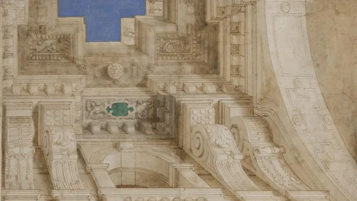 Plano arquitectónico detallado de una fachada neoclásica bordelesa con ornamentos en relieve, columnas, capiteles y un elemento arquitectónico azul y verde.