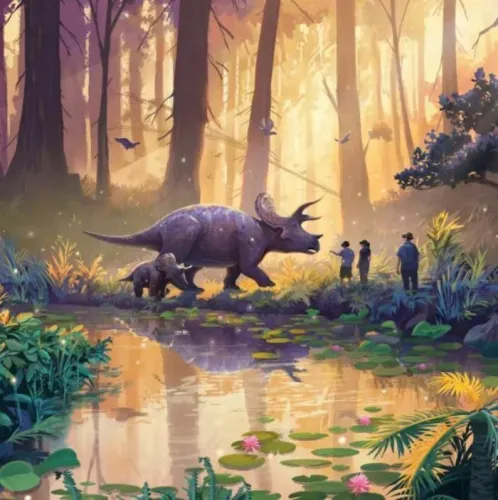 Ilustración de una expedición en realidad virtual mostrando exploradores observando un triceratops y su cría en un bosque prehistórico bañado por luz dorada, con un arroyo y vegetación exuberante.