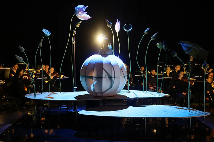 Escena de espectáculo nocturno en Burdeos con una gran esfera iluminada en el centro rodeada de tallos florales estilizados y músicos vestidos de negro a los lados, para el espectáculo 'Momo, el niño melocotón'.