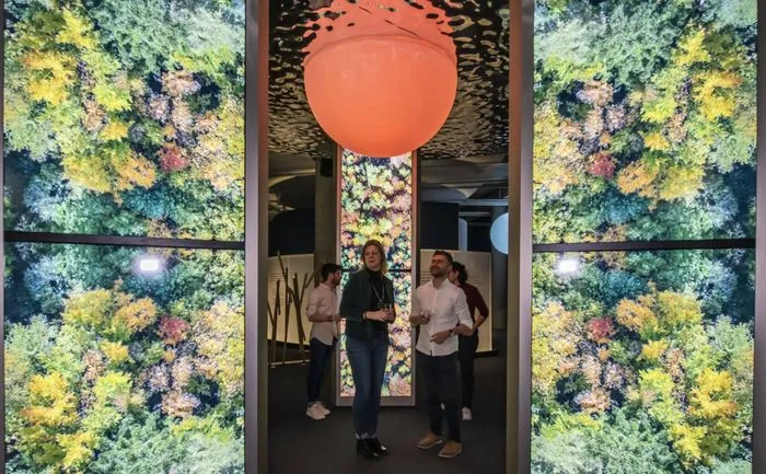 Interior de La Cité du Vin en Burdeos mostrando el recorrido sensorial Via Sensoria con visitantes frente a muros de vegetación exuberante y una esfera naranja suspendida.