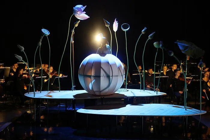 Escena de espectáculo nocturno en Burdeos con una gran esfera iluminada en el centro rodeada de tallos florales estilizados y músicos vestidos de negro a los lados, para el espectáculo 'Momo, el niño melocotón'.