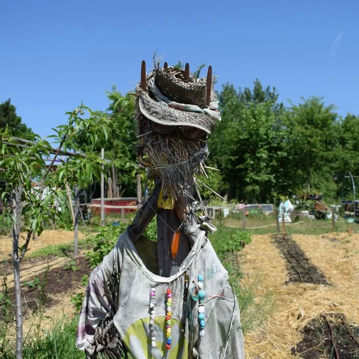 Espantapájaros artístico con camisa blanca y cuentas de colores, con cabeza de paja coronada de ramas, de pie en un jardín comunitario de Burdeos.