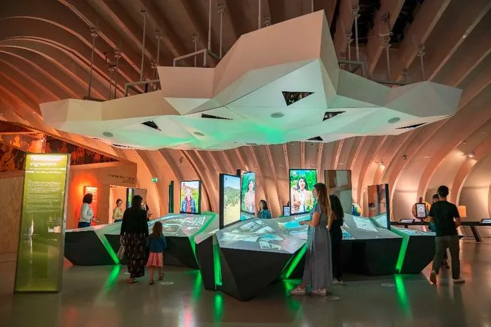 Exposición interactiva en La Cité du Vin de Burdeos con pantallas táctiles luminosas, un techo ondulante de formas orgánicas, y visitantes explorando instalaciones digitales iluminadas en verde y naranja.
