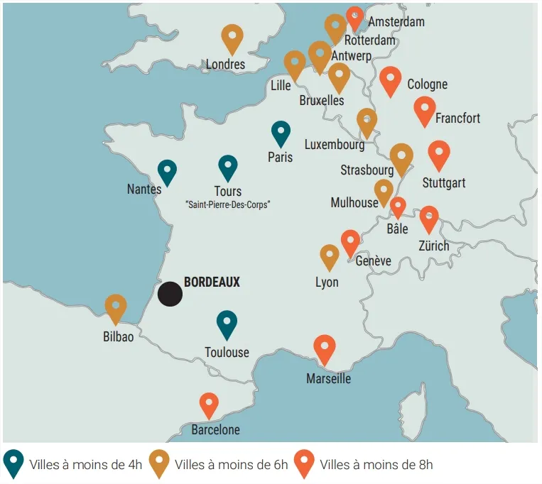 Mapa de las conexiones ferroviarias desde Burdeos