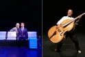 Dos escenas de espectáculo en el Teatro Pont Tournant de Burdeos: a la izquierda, dos actores disfrazados sentados en sillas azules iluminadas con maletas; a la derecha, un músico tocando el violonchelo de etiqueta.